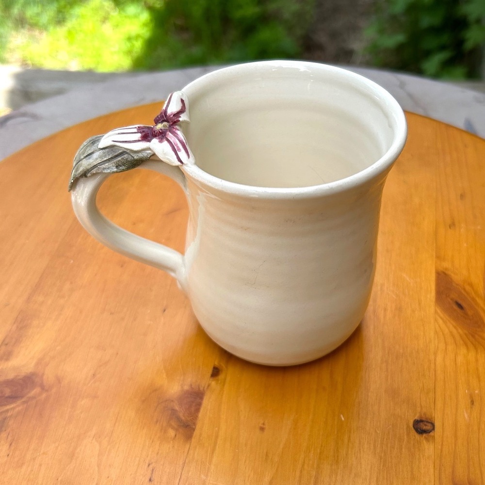 Vintage Ceramic Trillium Flower Mug Cream Artisan Studio Pottery Handmade Signed